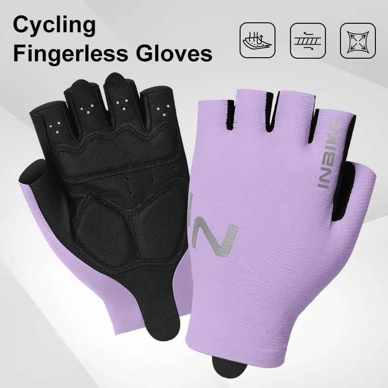 A pair of black and purple fingerless cycling gloves displayed against a white background.