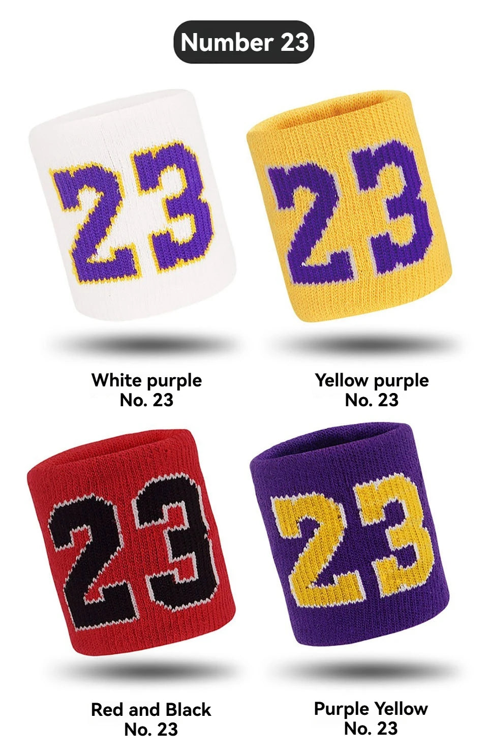 Un set de trois bandeaux et bracelets de sport tricotés en blanc, violet, jaune, rouge et noir