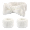 White microfiber spa headband and wristband set shown in various forms