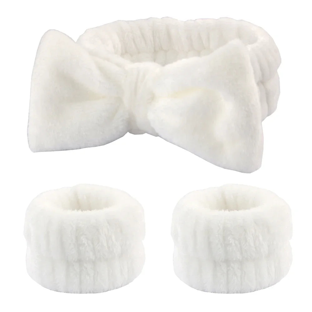 White microfiber spa headband and wristband set shown in various forms