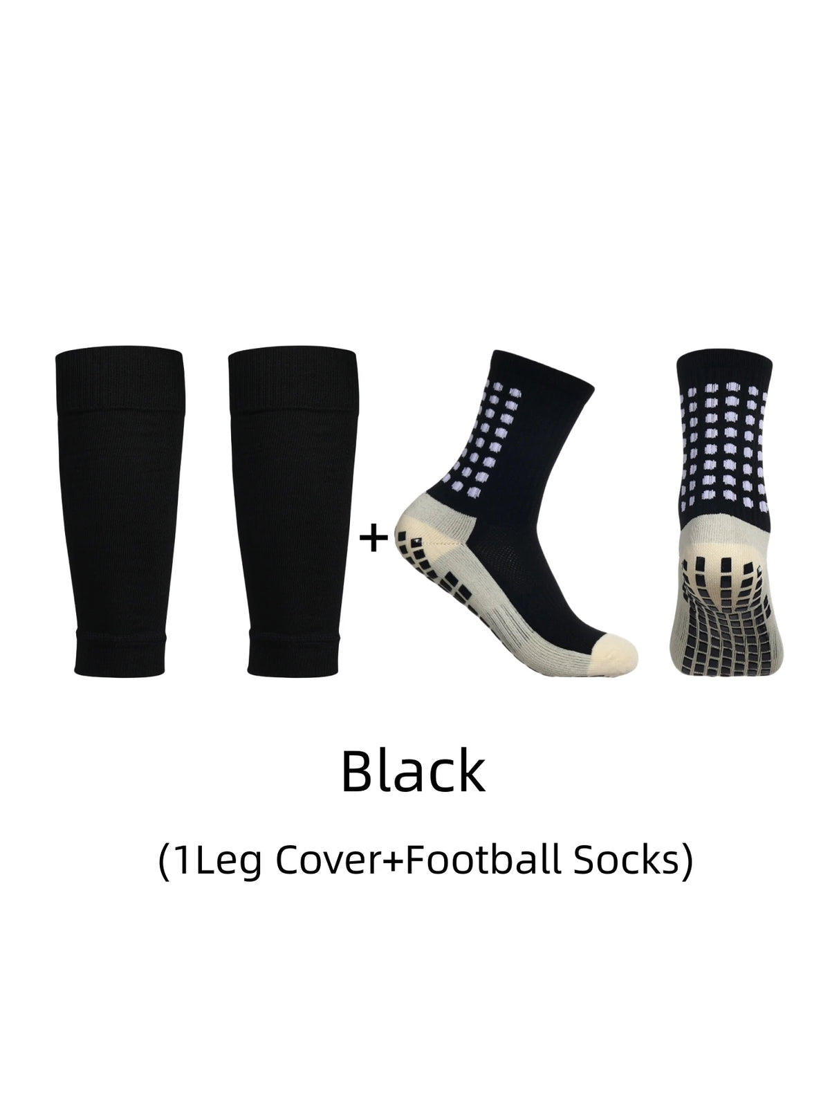 Black anti-slip football socks and leg cover shown in various styles