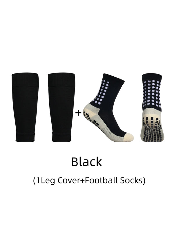 Black anti-slip football socks and leg cover shown in various styles