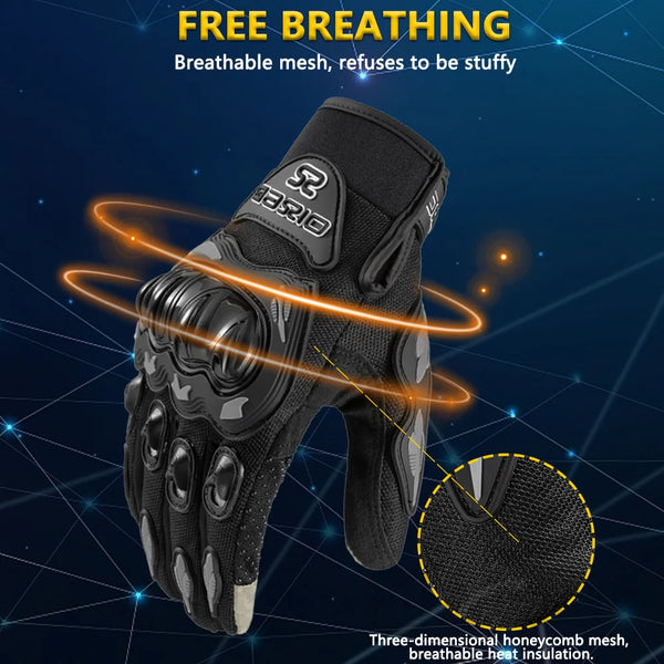 Black motorcycle racing gloves featuring breathable honeycomb mesh for heat insulation