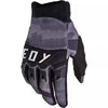A pair of black and gray heavy duty full finger off-road motorcycle gloves.