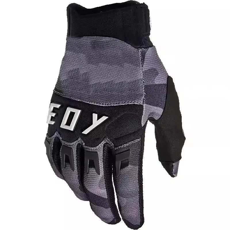 A pair of black and gray heavy duty full finger off-road motorcycle gloves.