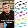 A variety of colored antiperspirant headbands are displayed against a background with a man wearing one.