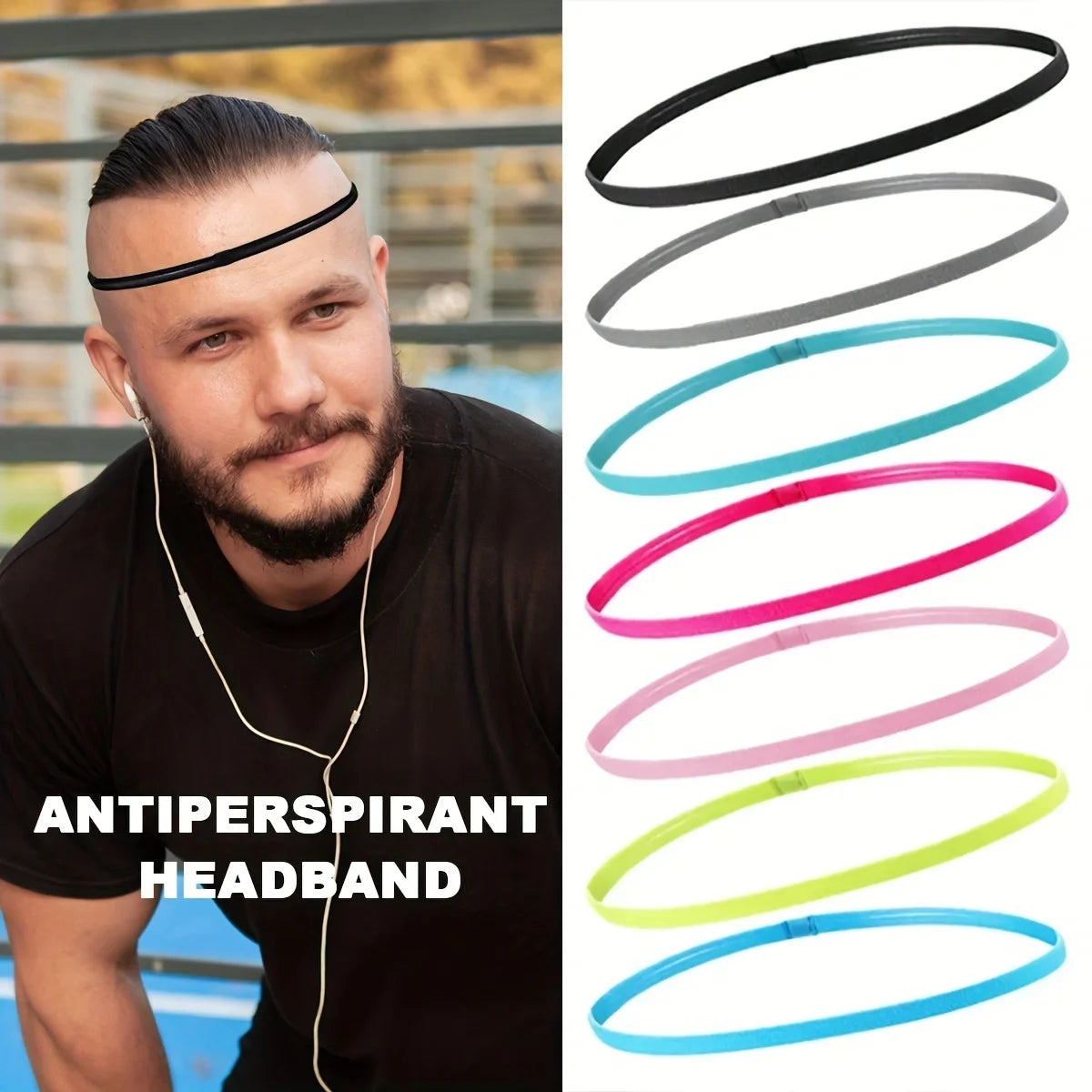 A variety of colored antiperspirant headbands are displayed against a background with a man wearing one.