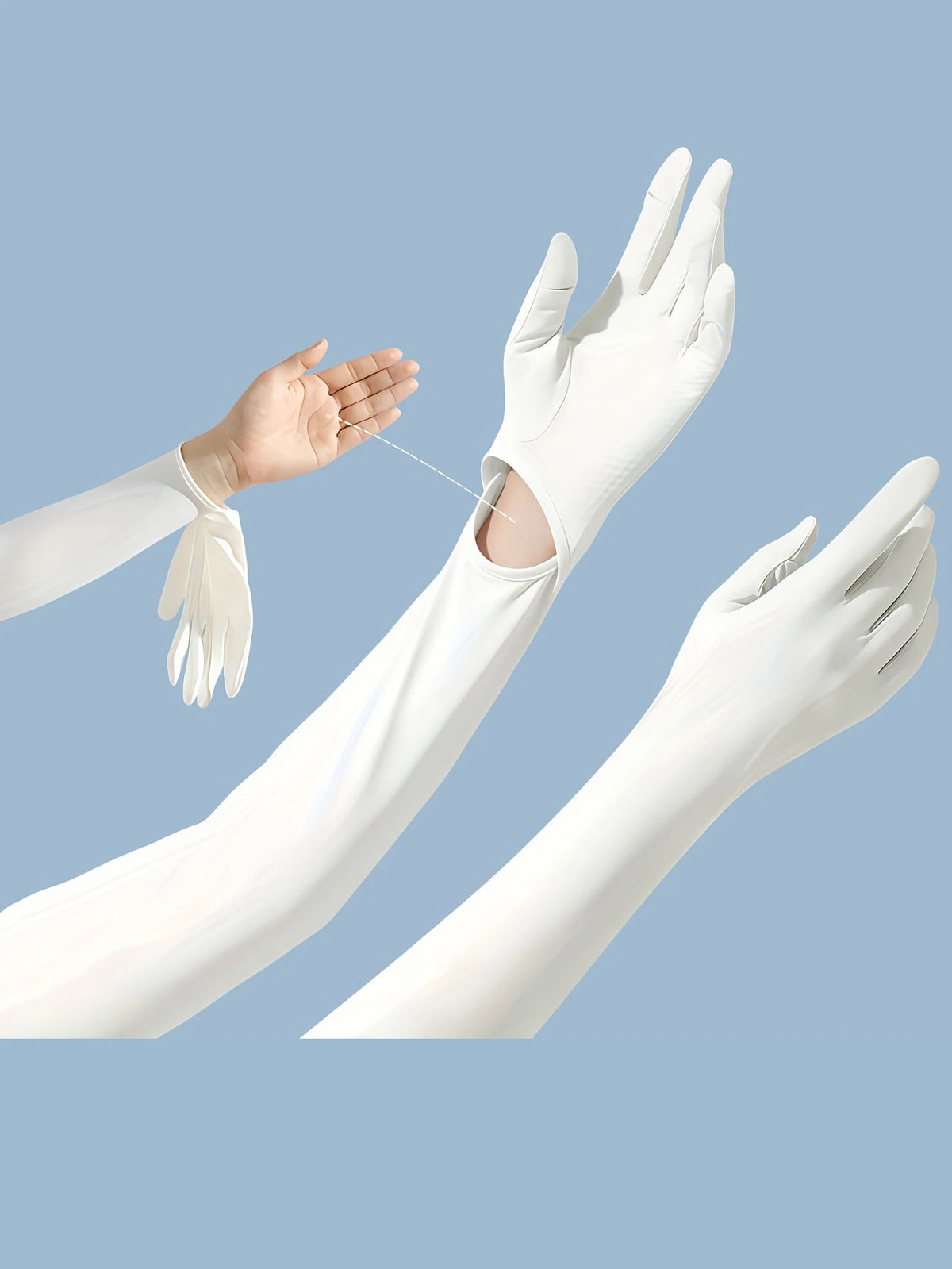Mangas elásticas blancas de protección UV usadas en un brazo, mostrando un gesto de la mano.