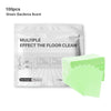 A package of 100 pieces of Green Gardenia scent floor cleaning tablets next to a stack of green cleaning sheets.