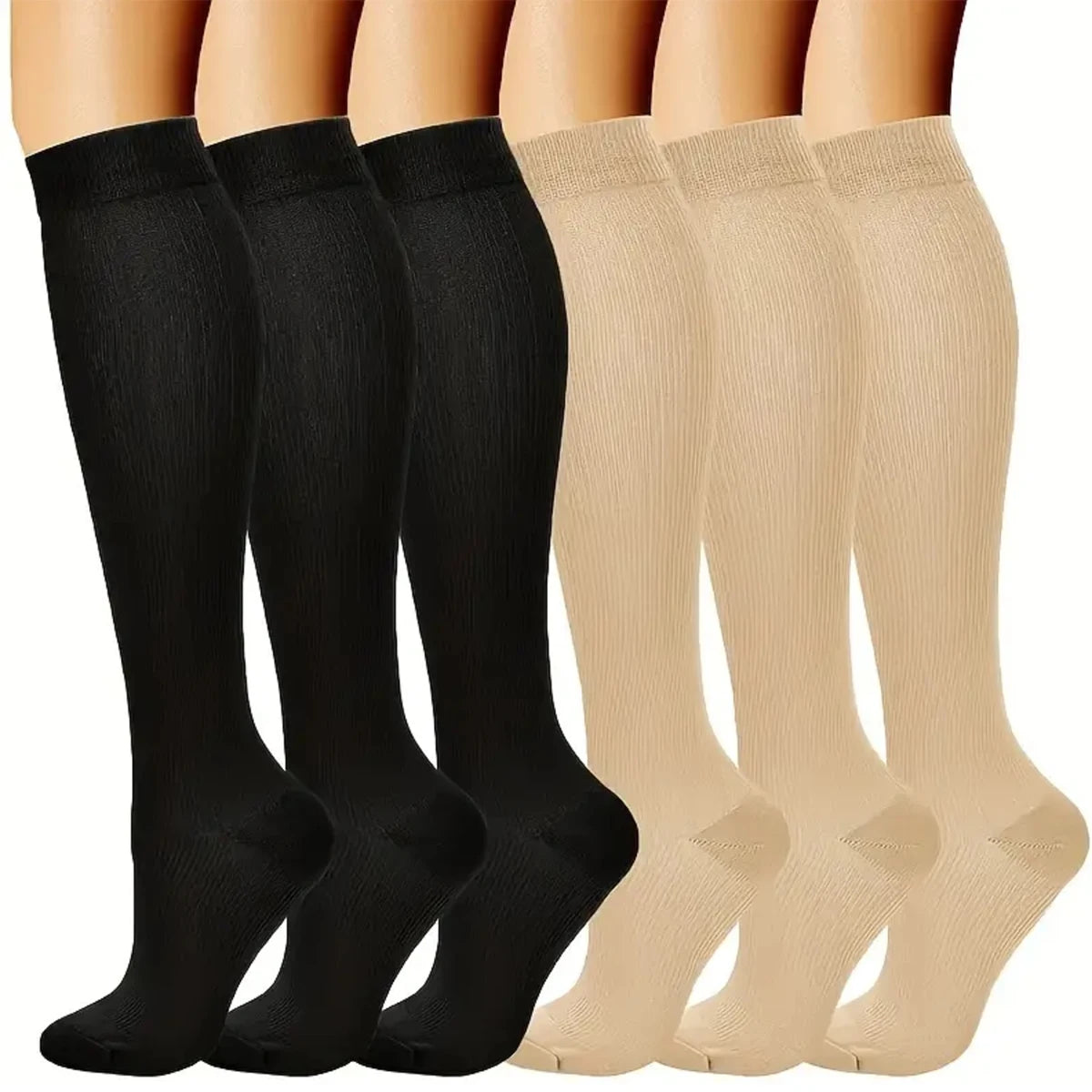 A set of premium nurse compression socks in black and beige colors displayed vertically.