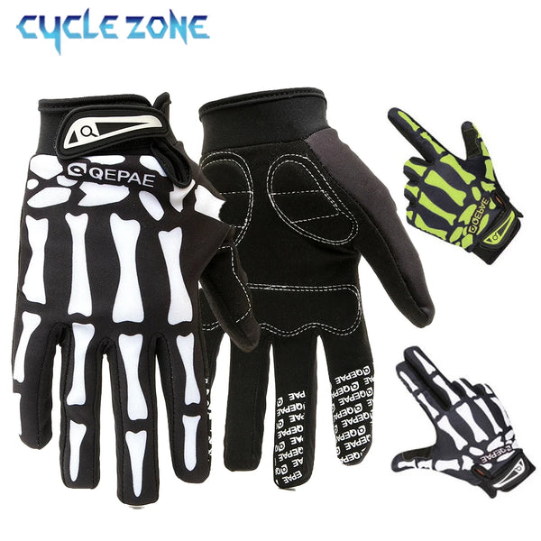 A set of black and white full finger anti-slip cycling gloves shown with various designs and colors.