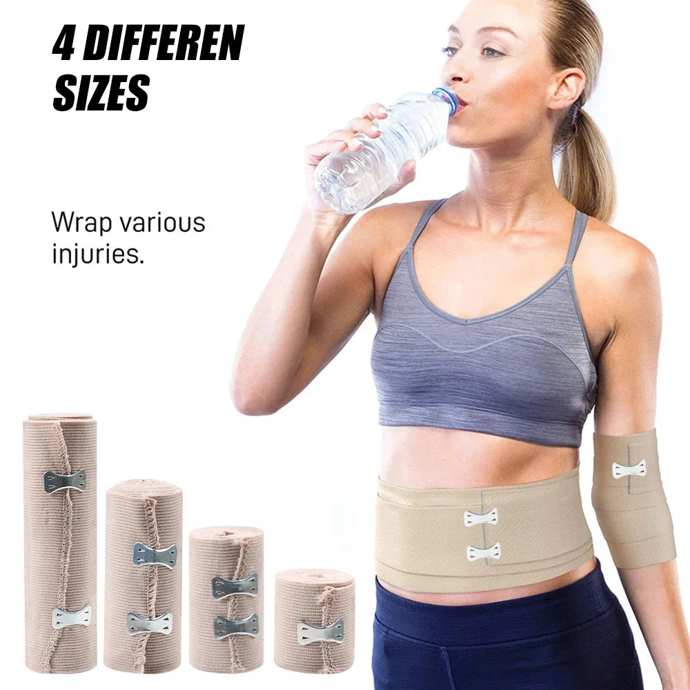 A woman demonstrates the use of four different sizes of elastic compression bandages for sports recovery.