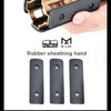 A close-up of a rubber sheathing hand for an M-LOK rail system, shown next to the corresponding panel.