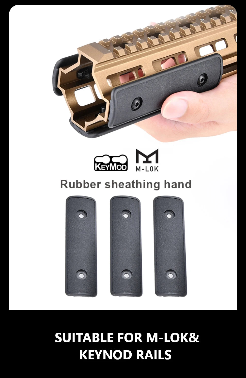 A close-up of a rubber sheathing hand for an M-LOK rail system, shown next to the corresponding panel.