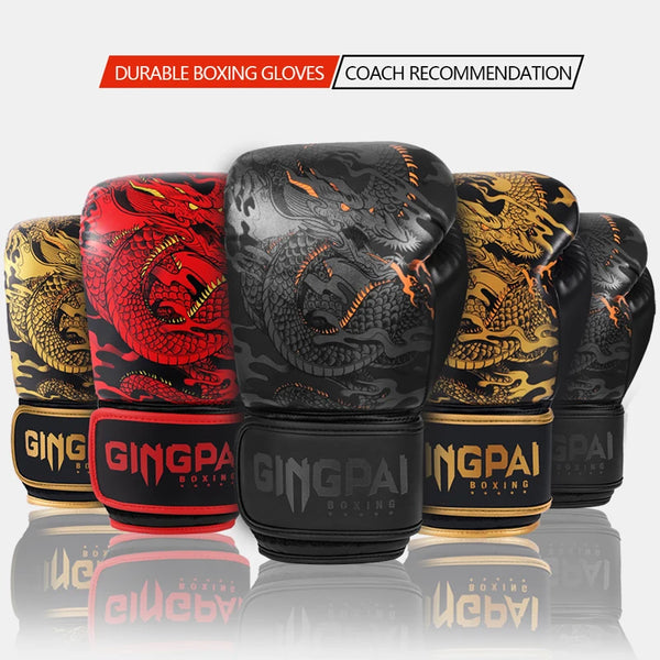 A set of durable black boxing gloves with gold and red accents shown for professional adult training.