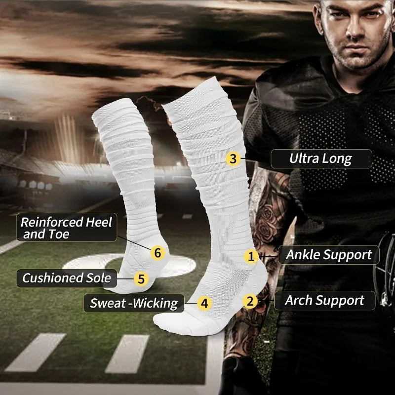 White extra long football socks for men showing features like ankle support and arch support
