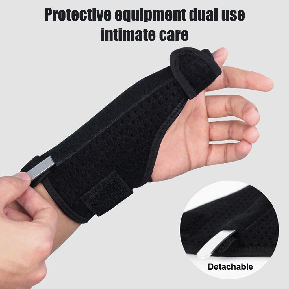 Black protective equipment dual use intimate care brace shown on a hand with a detachable feature.