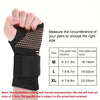 A hand is shown gripping a black copper fiber wrist protector for pain relief, demonstrating its size and fit.