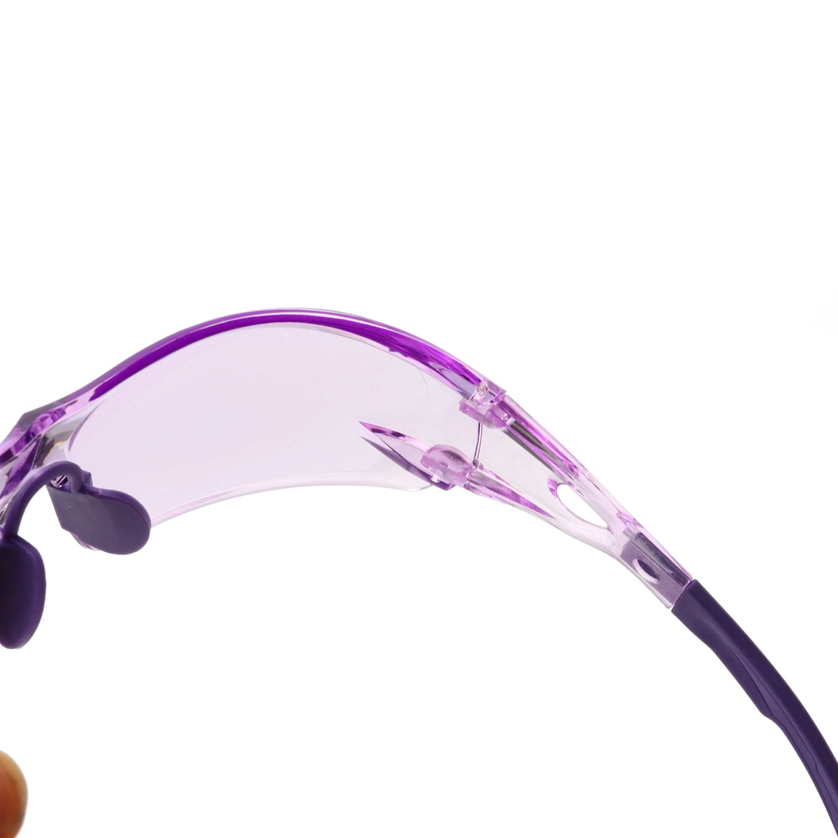 Purple transparent safety goggles viewed from the side