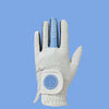 Gant de golf ergonomique blanc avec accents bleus et fonctionnalités de ventilation.