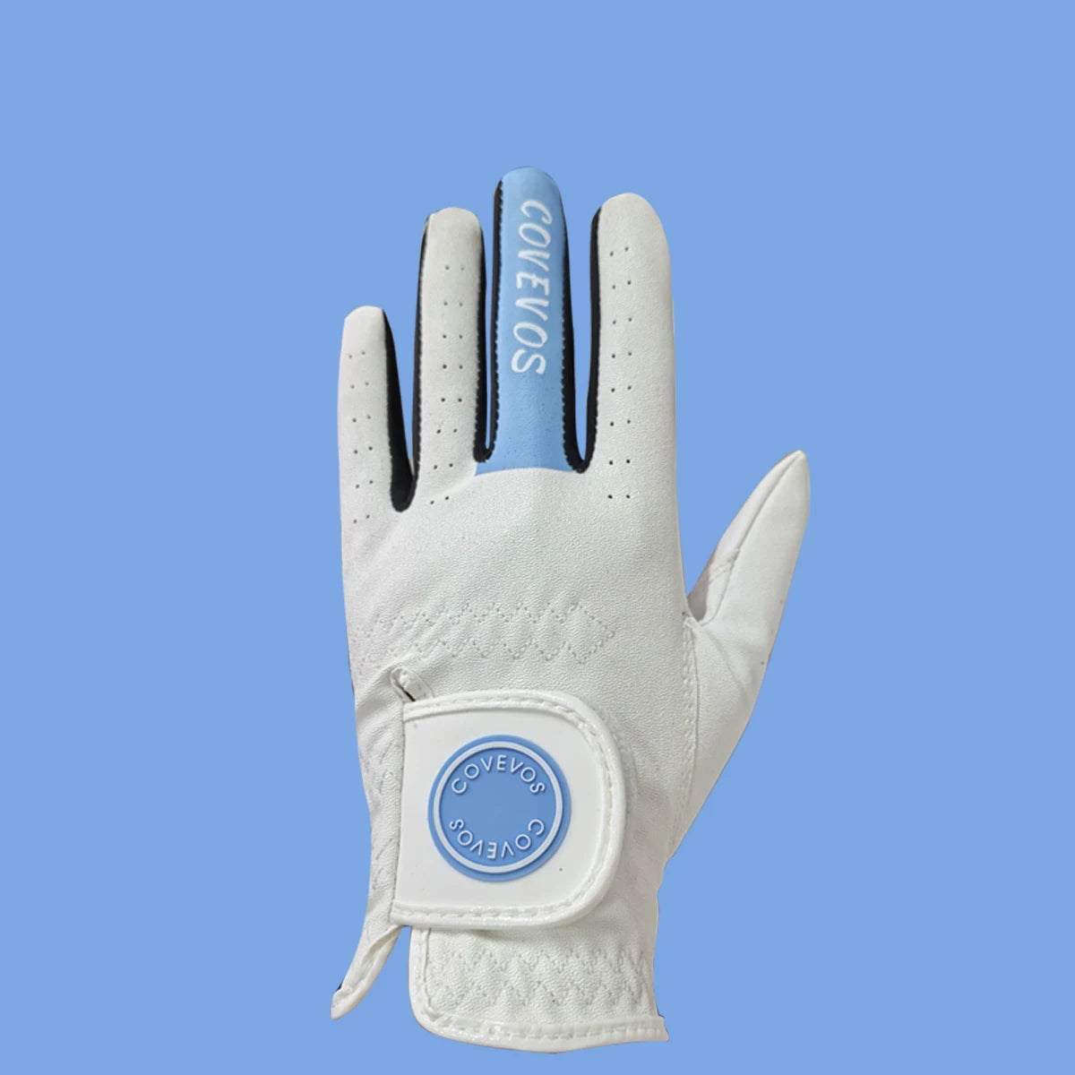 Gant de golf ergonomique blanc avec accents bleus et fonctionnalités de ventilation.