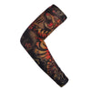 A black and orange tiger print breathable arm sleeve worn on an arm.
