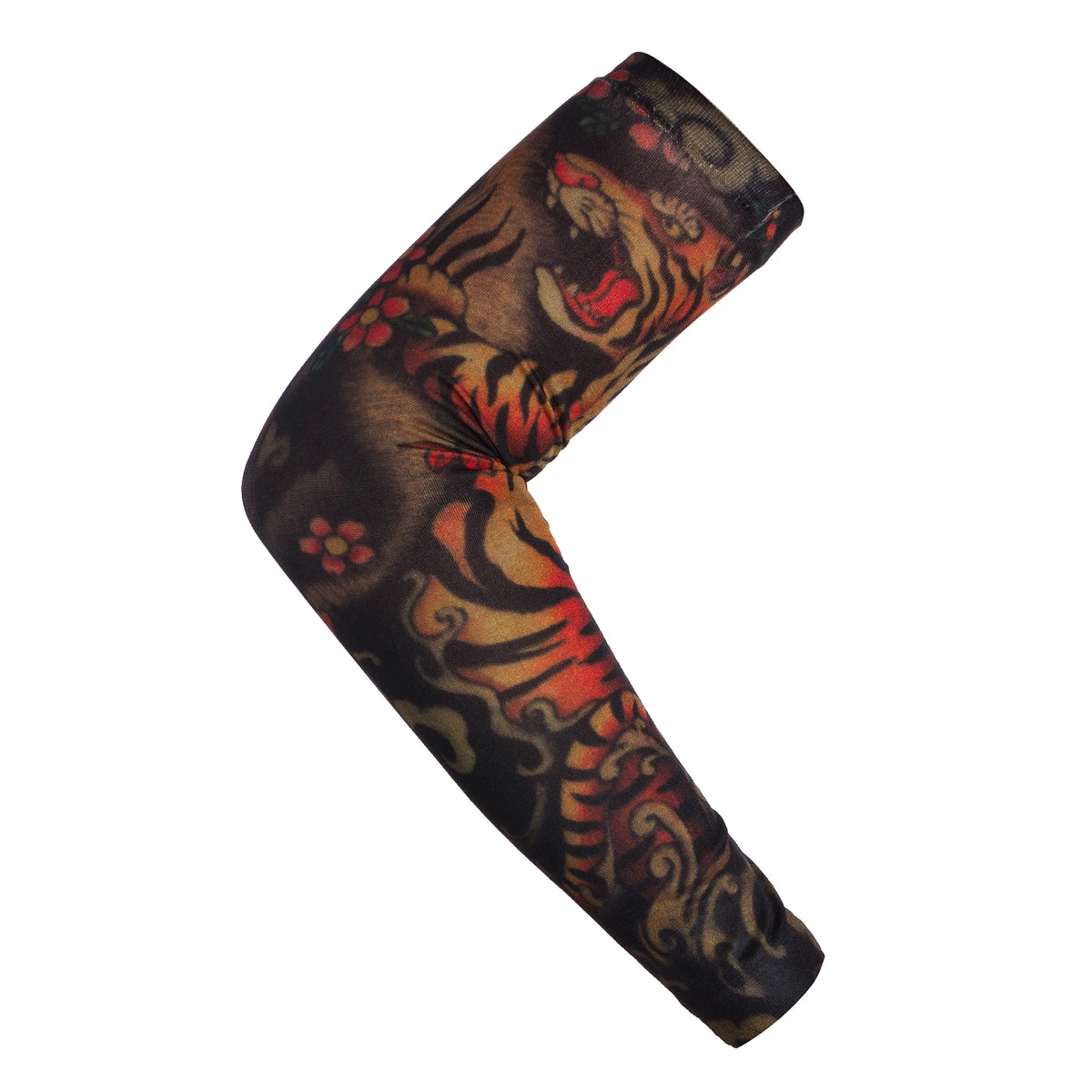 A black and orange tiger print breathable arm sleeve worn on an arm.