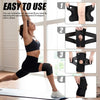 A woman demonstrates the easy use of a black adjustable knee brace with compression support.