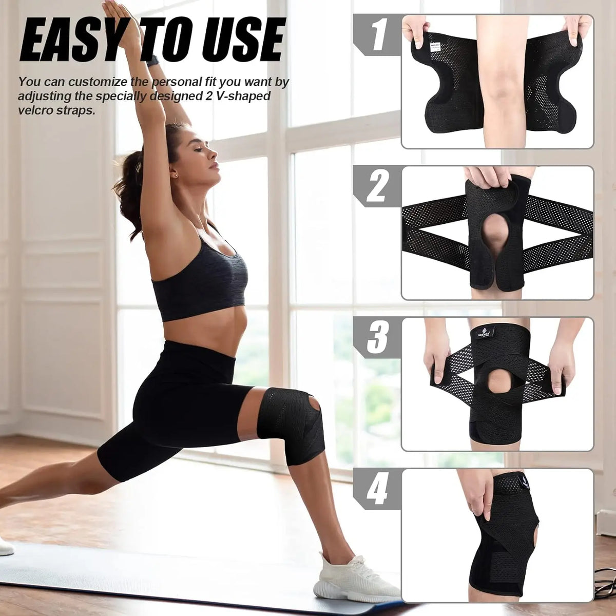 A woman demonstrates the easy use of a black adjustable knee brace with compression support.