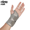 A hand wearing a grey adjustable wrist support brace for pain relief.
