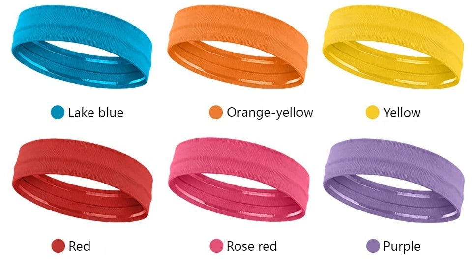 Eine Sammlung von acht farbigen elastischen Sport-Headbands, darunter Eisblau, orange-gelb, gelb, rot, rosarot und lila.