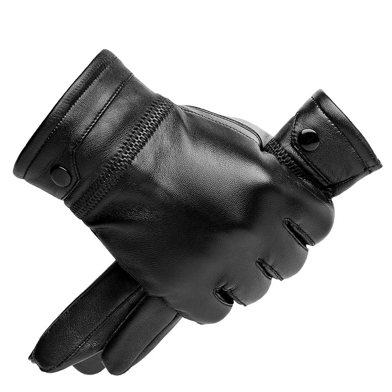 Gants d'hiver en cuir de mouton noir authentique pour hommes, vue rapprochée.