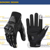 A black motorcycle racing glove with protective casing and touch screen features shown against a white background.