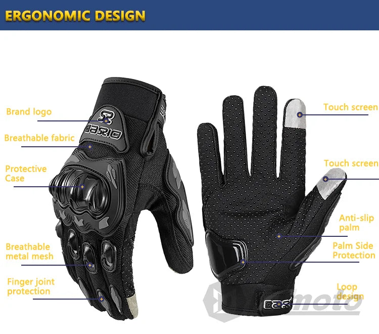 A black motorcycle racing glove with protective casing and touch screen features shown against a white background.