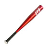 A red aluminum baseball bat with the brand name BAT visible on the barrel.