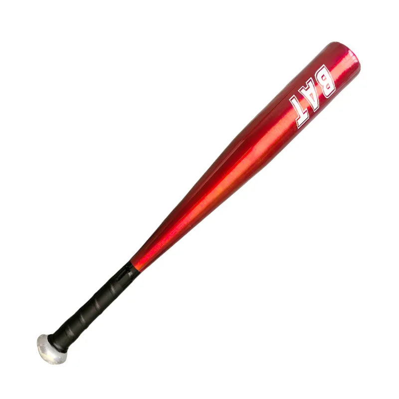 A red aluminum baseball bat with the brand name BAT visible on the barrel.