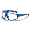 Blue photochromic sports sunglasses with black accents shown against a white background.