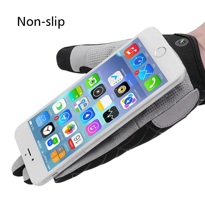 A white smartphone is shown inside a black non-slip glove, demonstrating the product.