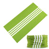 A bright lime green fabric headband or balaclava with white stripes, shown diagonally.