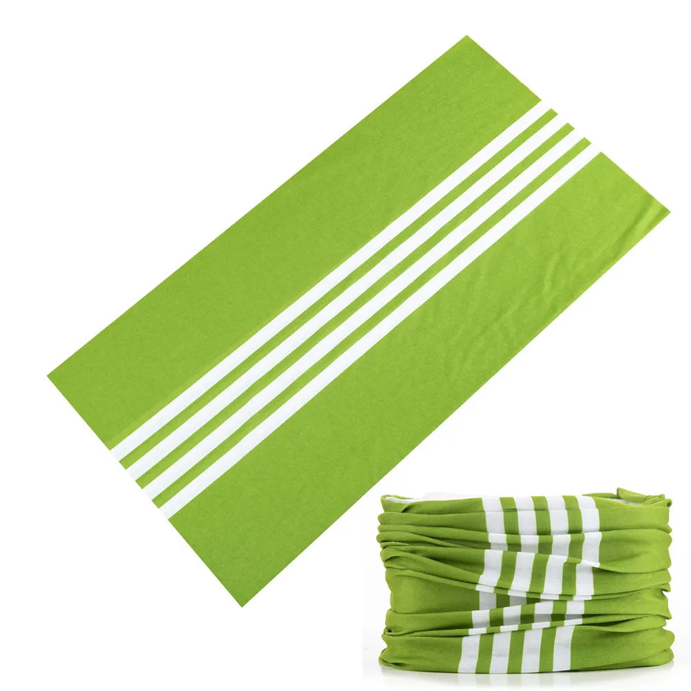 A bright lime green fabric headband or balaclava with white stripes, shown diagonally.