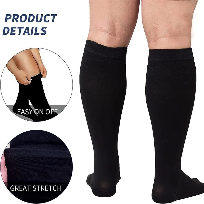 Black compression socks shown on legs with details about easy on and great stretch features