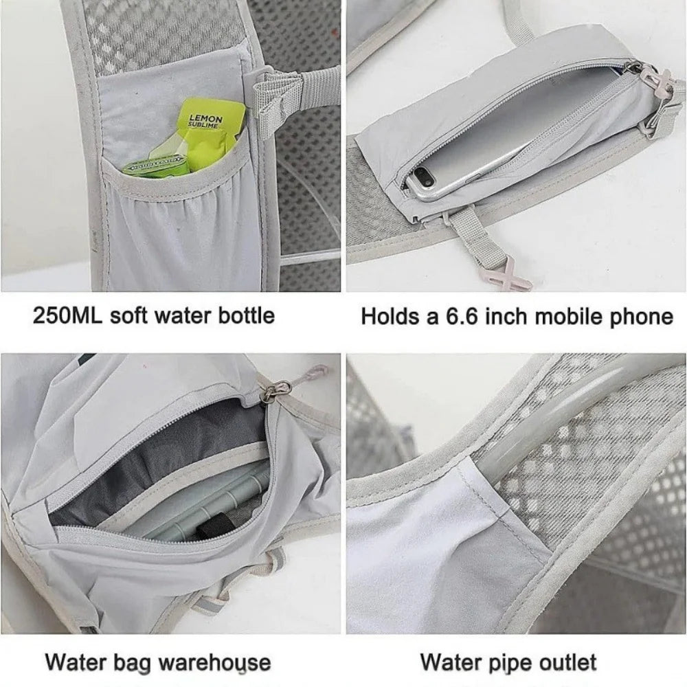 Varias vistas de una mochila de hidratación deportiva ajustable para exteriores, mostrando almacenamiento y características.