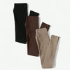 A pack of three seamless high-waisted yoga leggings in black, brown, and beige.