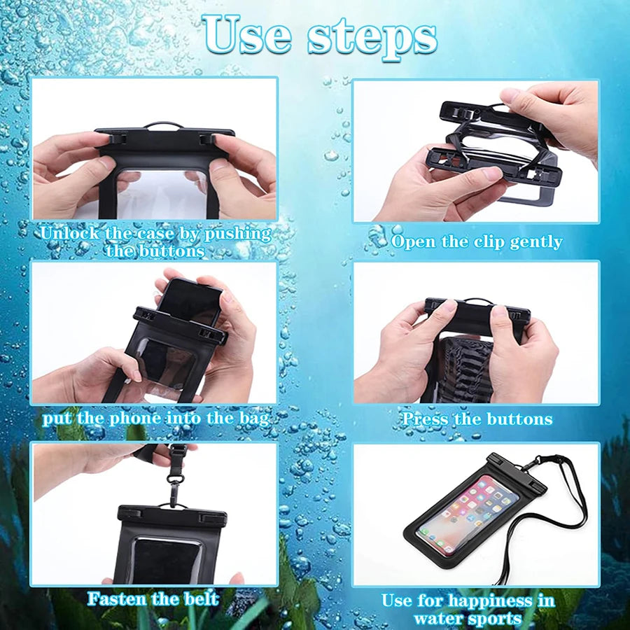 Instrucciones sobre cómo usar la funda impermeable Ultra para todos los teléfonos inteligentes.