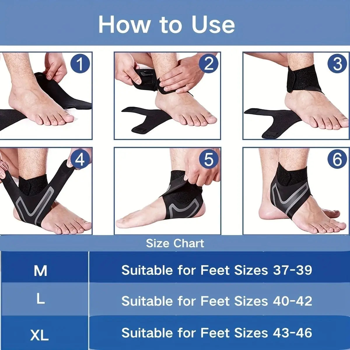 Diagram showing six steps on how to use ankle sprain support sleeves for feet sizes M, L, and XL.