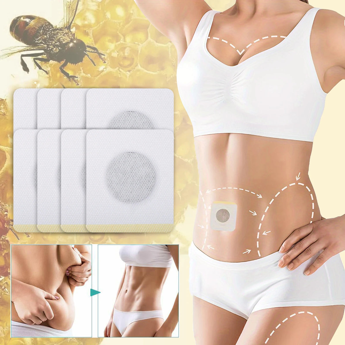 A woman applies body shaping slimming patches to her abdomen and waist area.