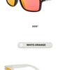 A pair of black-orange sunglasses shown in a product display, with an option for white-orange color.