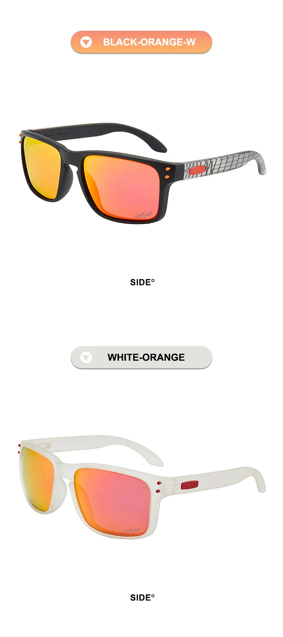 A pair of black-orange sunglasses shown in a product display, with an option for white-orange color.