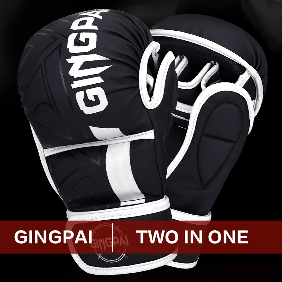 Ein Paar schwarz-weißes GINGPAI Zwei-in-Ein-MMA-Trainings-Boxhandschuhe vor dunklem Hintergrund.