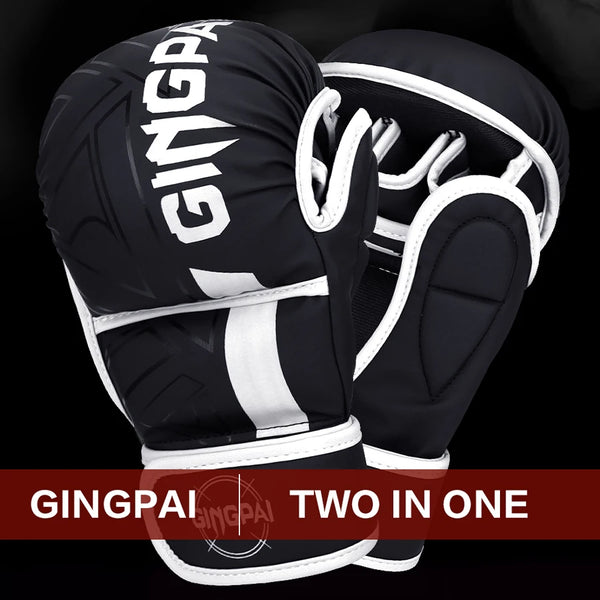 Ein Paar schwarz-weißes GINGPAI Zwei-in-Ein-MMA-Trainings-Boxhandschuhe vor dunklem Hintergrund.